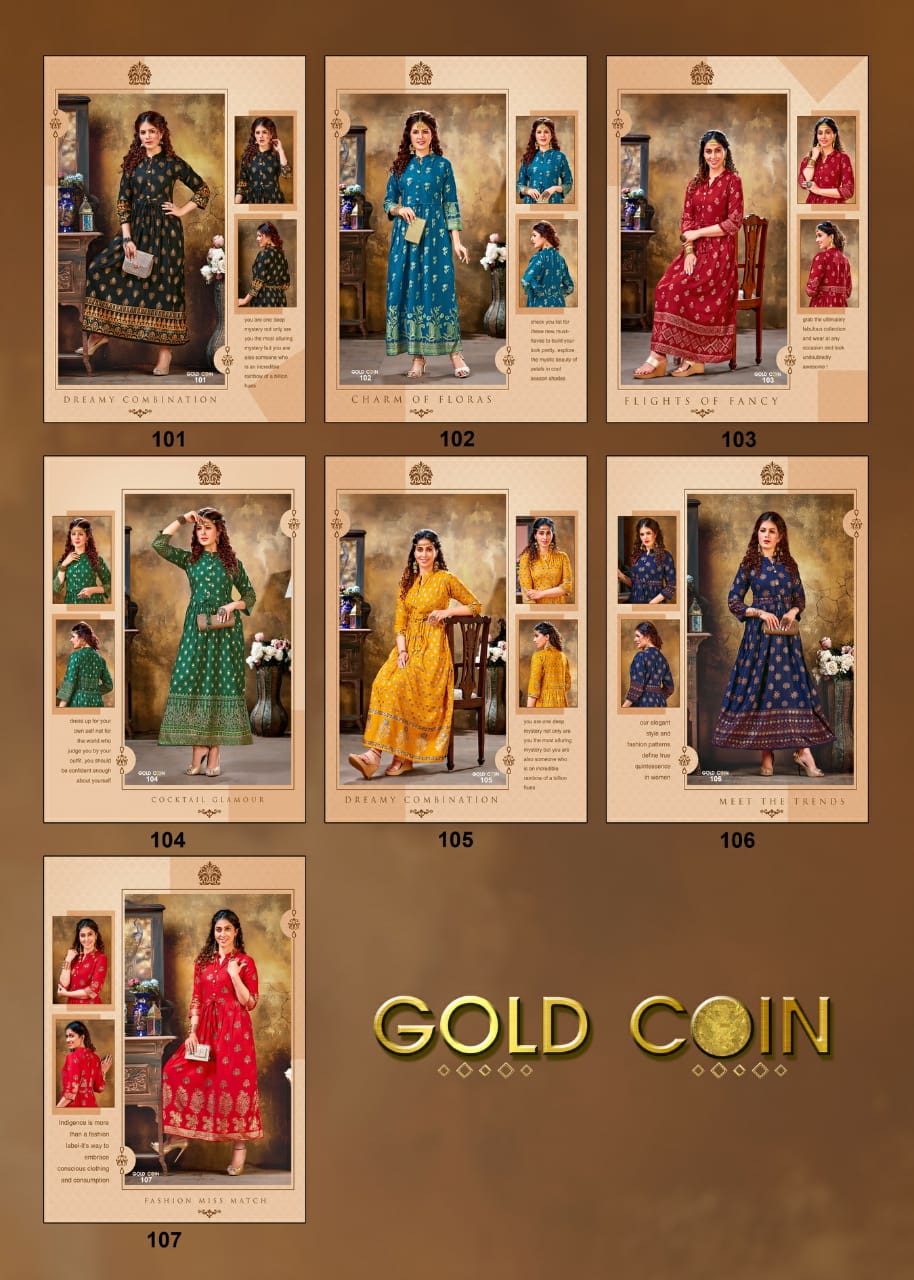 Ft Gold Coin Latest Designer Party Wear rayon Long Printed Rayon Kurtis Collection
